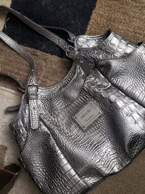Nicole Miller Metallic Silver Croc-Embossed Shoulder Bag